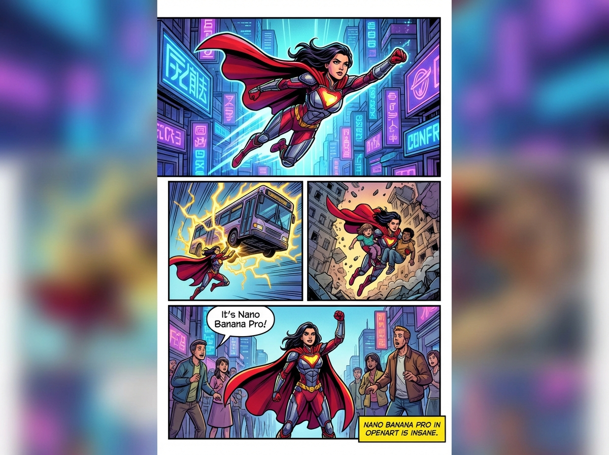 Marvel-style comic storyboard of a heroine