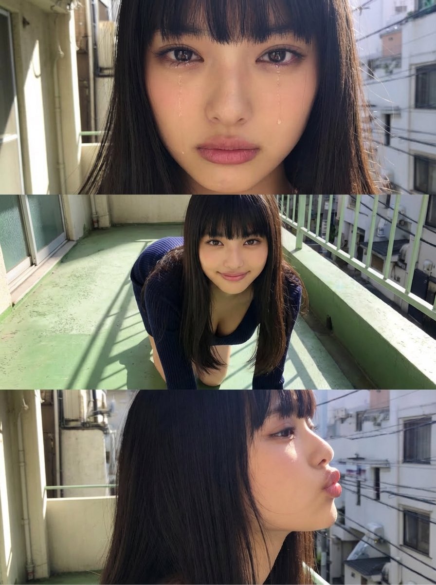 Horizontal three-panel emotional portrait from one image