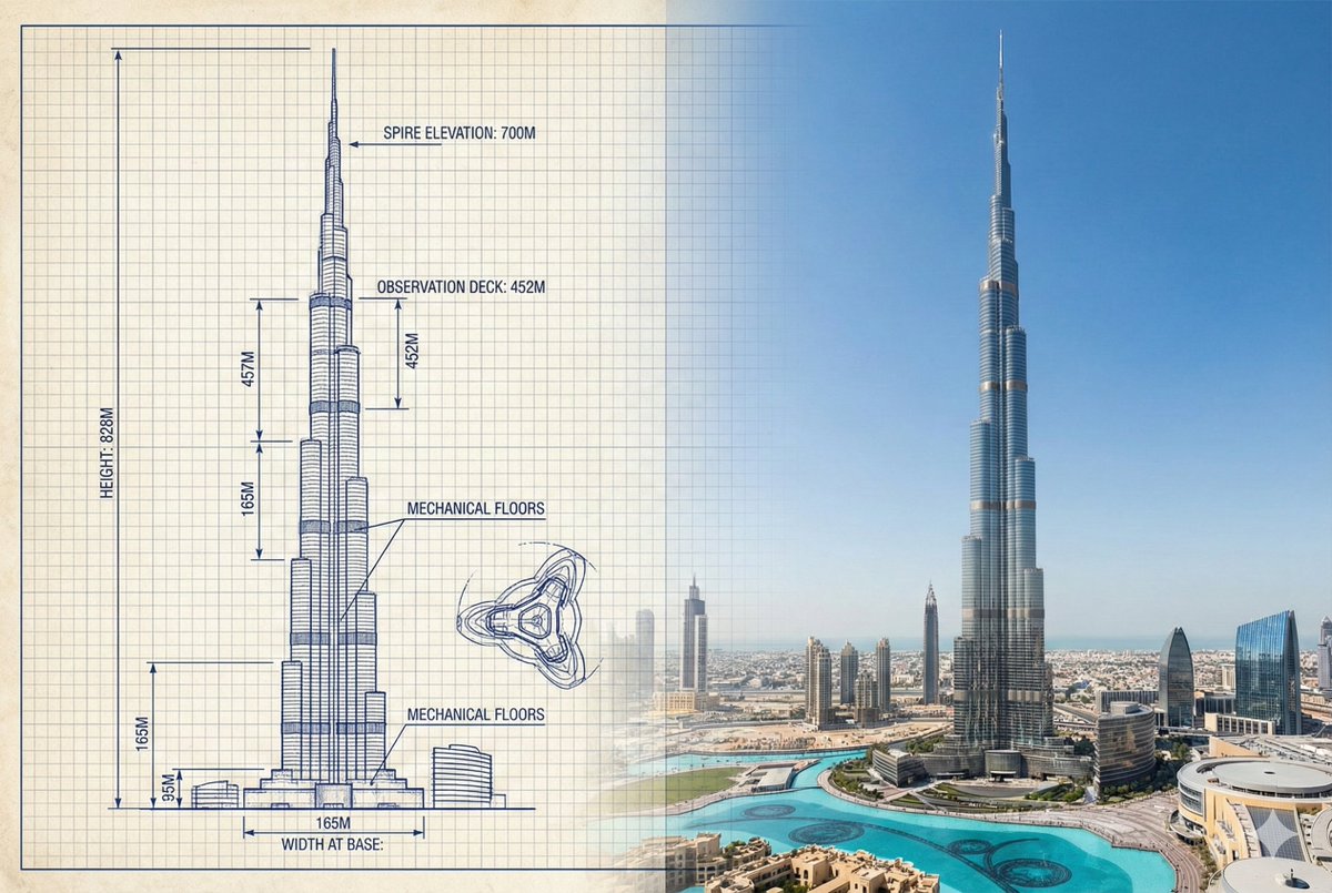 Burj Khalifa Technical Sketch and Real Photo Comparison - 1