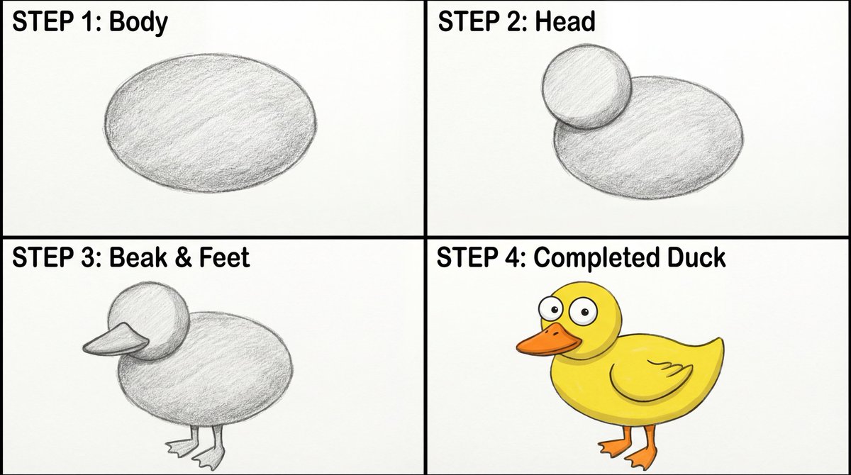 Four-Panel Guide for Drawing a Cartoon Duck - 1