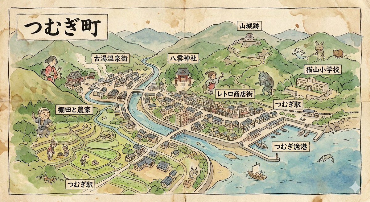 Hand-drawn map of a fictional Japanese town - 1