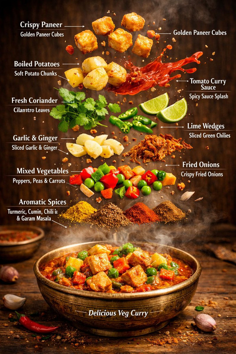 Hyper-realistic editorial food infographic of Indian Veg Curry - 1