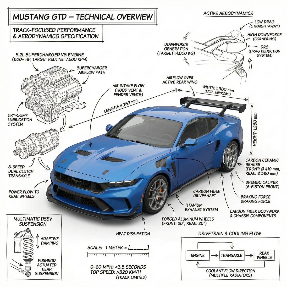 Infographic image of Mustang GTD with technical annotations - 1