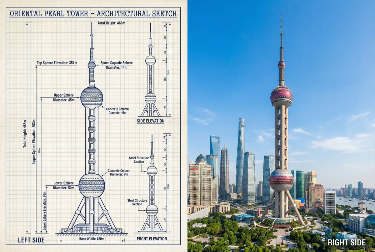 JSON Prompt for Side-by-Side Architectural Comparison of Oriental Pearl Tower - 1