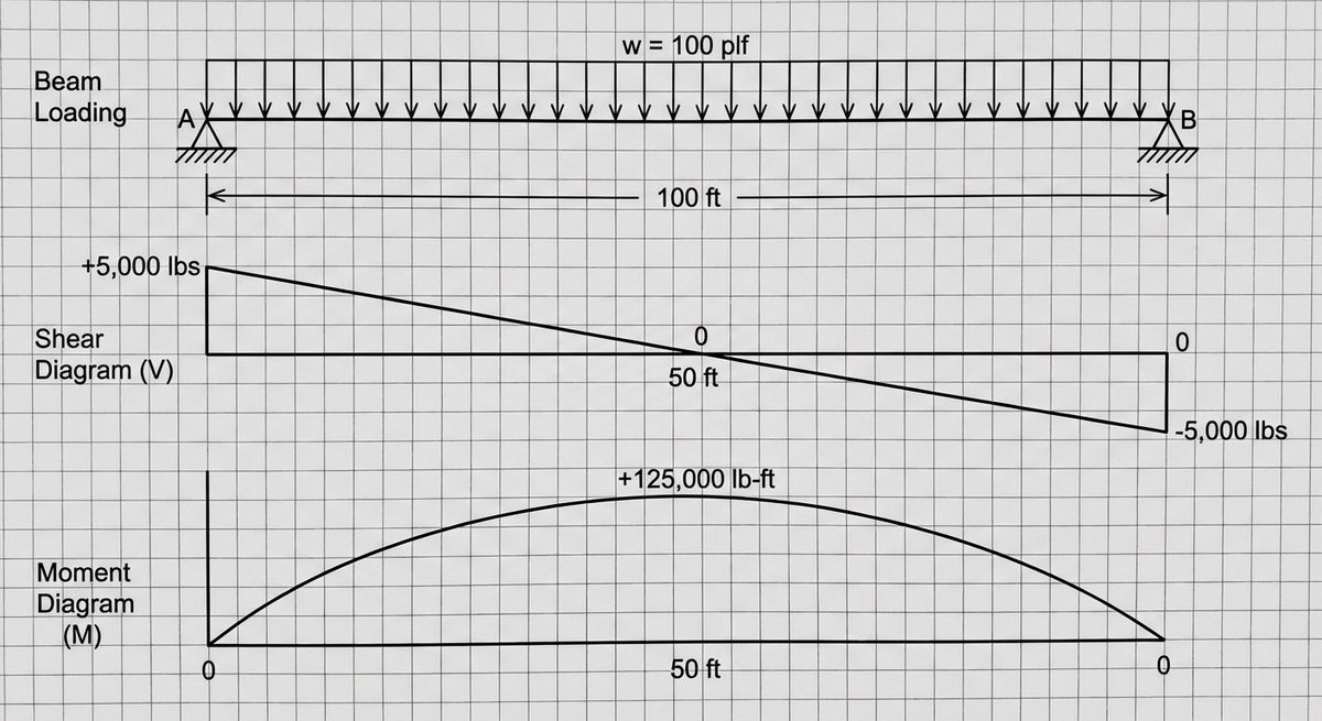 Shear and moment diagram for a loaded beam - 1