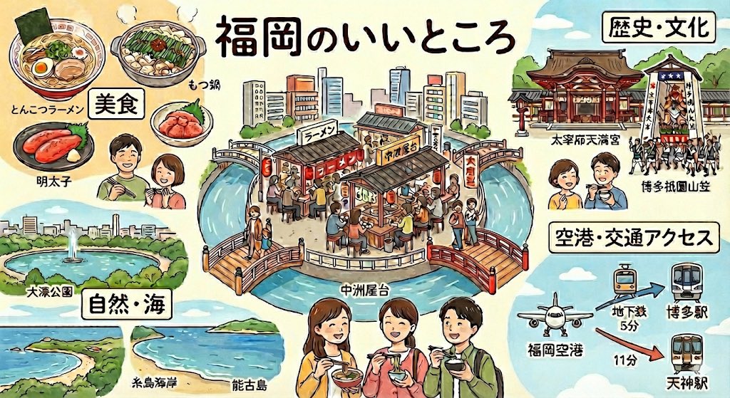 Summarize Fukuoka’s good points in one image - 1