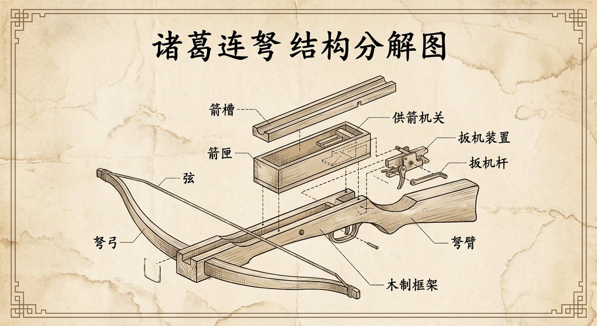 Vintage engineering exploded view of Zhuge repeating crossbow - 1