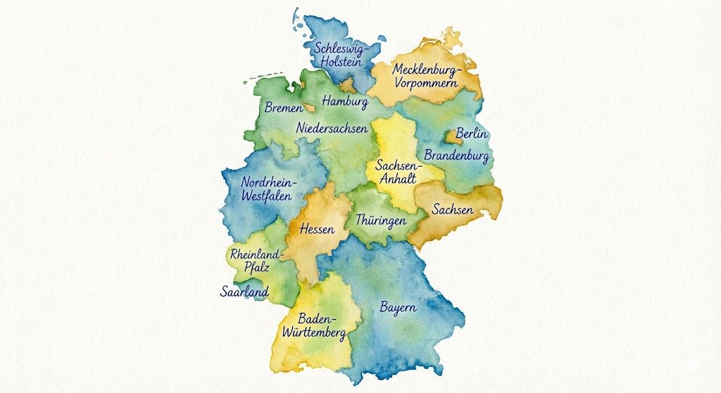 Watercolor map of Germany with labeled states - 1
