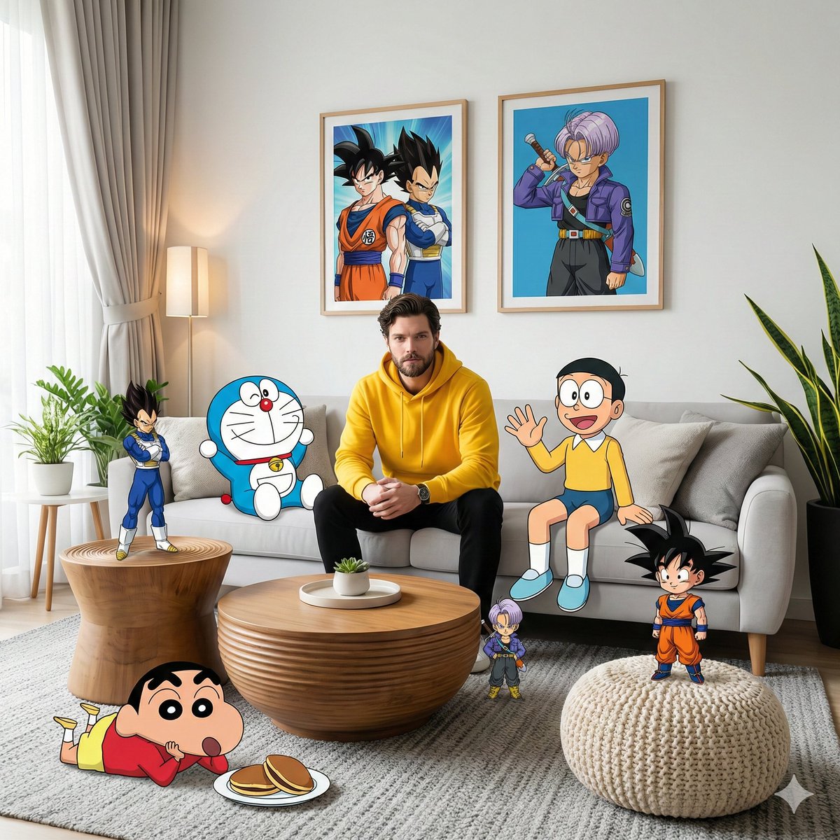 Mixed-Media Anime and Reality Living Room Scene Prompt