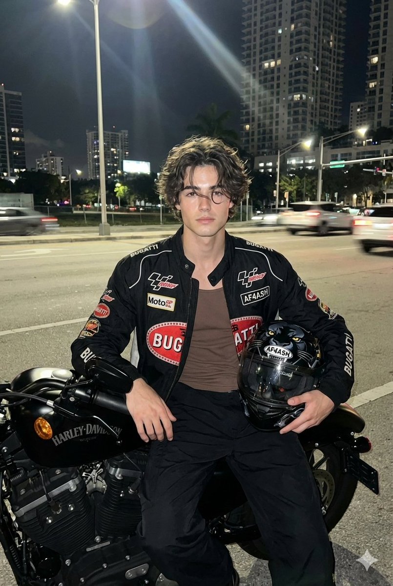 Nighttime Motorcycle Photo with Face Replacement Prompt