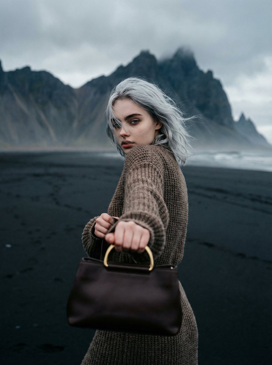 Cinematic Fashion on Black Sand Beach Prompt