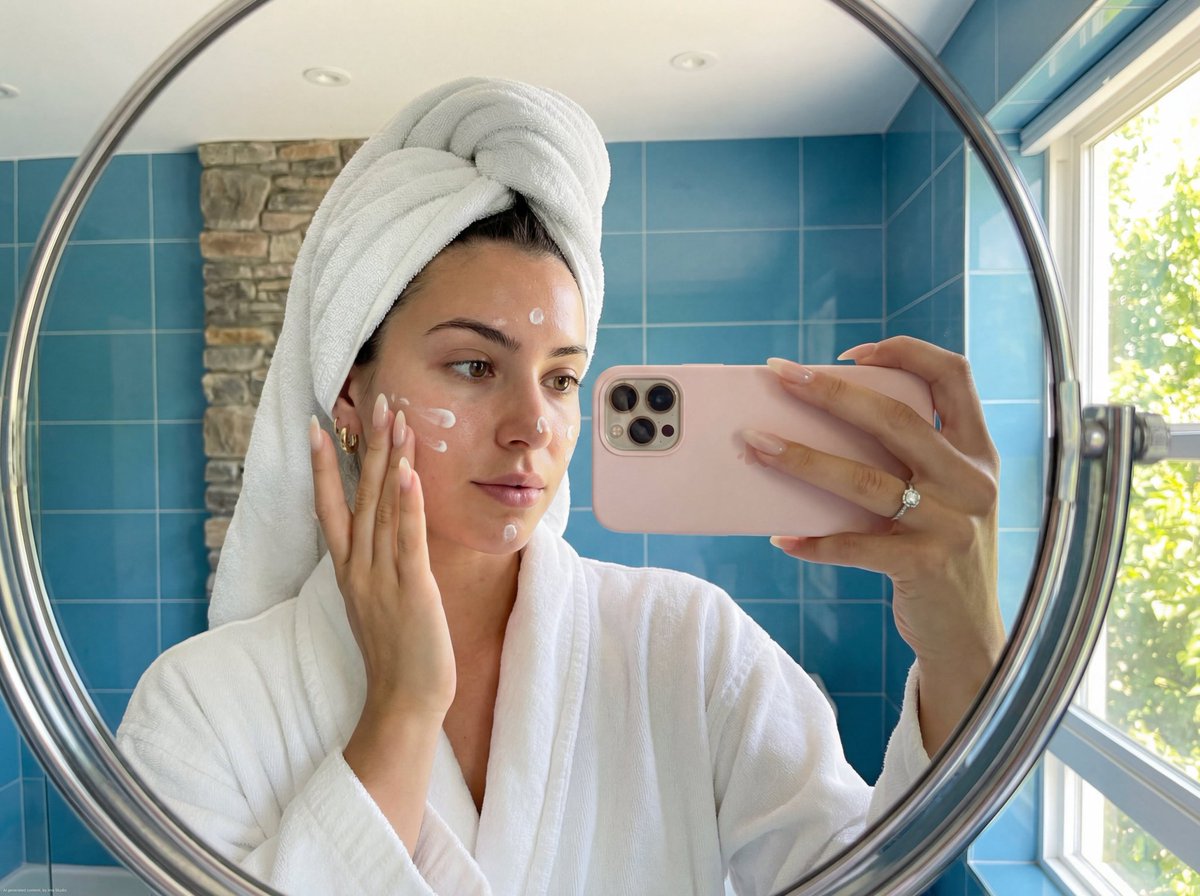 Skincare Mirror Selfie in a Modern Bathroom