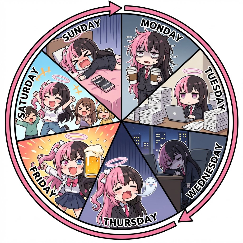 Infographic prompt for 'Monday to Sunday' infinite loop manga