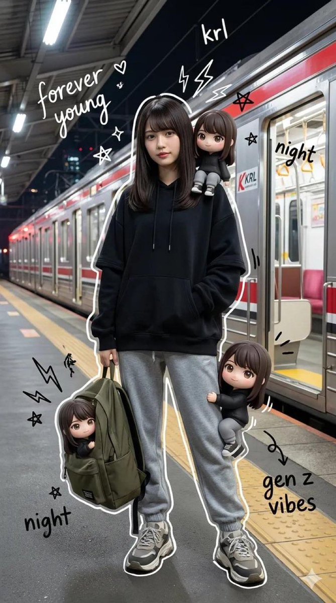 Mixed-Media Portrait of Gen Z Teenager with Chibi Clones