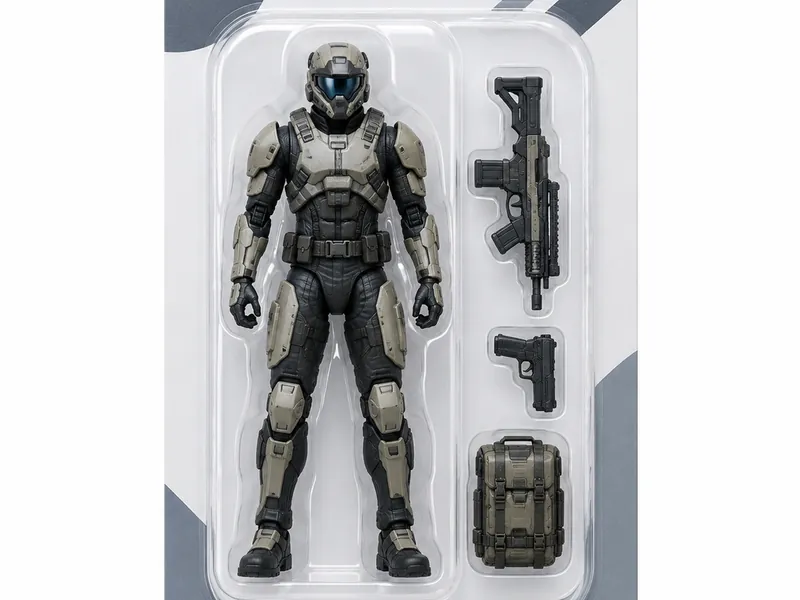 Futuristic armoured soldier sealed in a blister pack