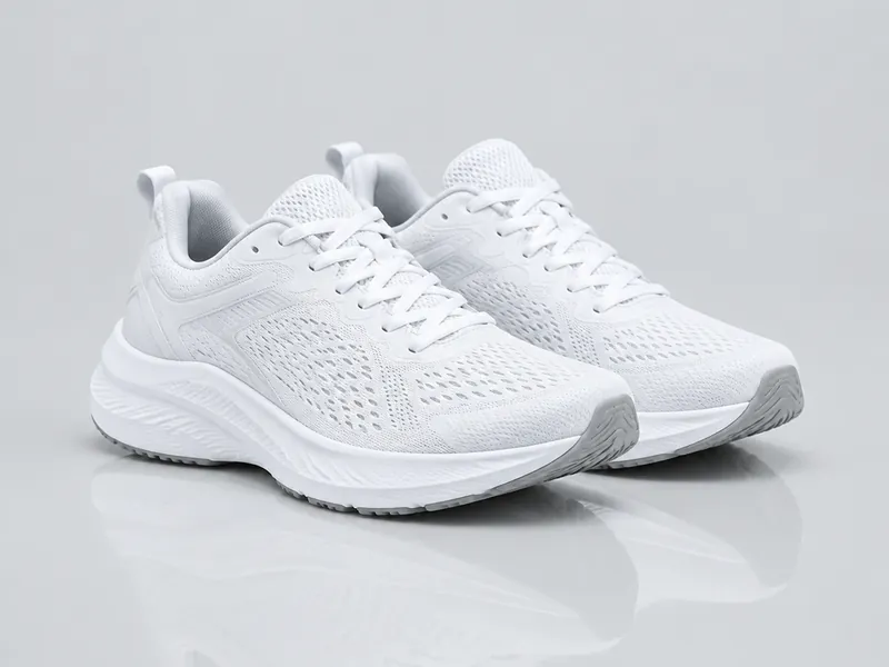 Pair of white running shoes on a seamless light grey background