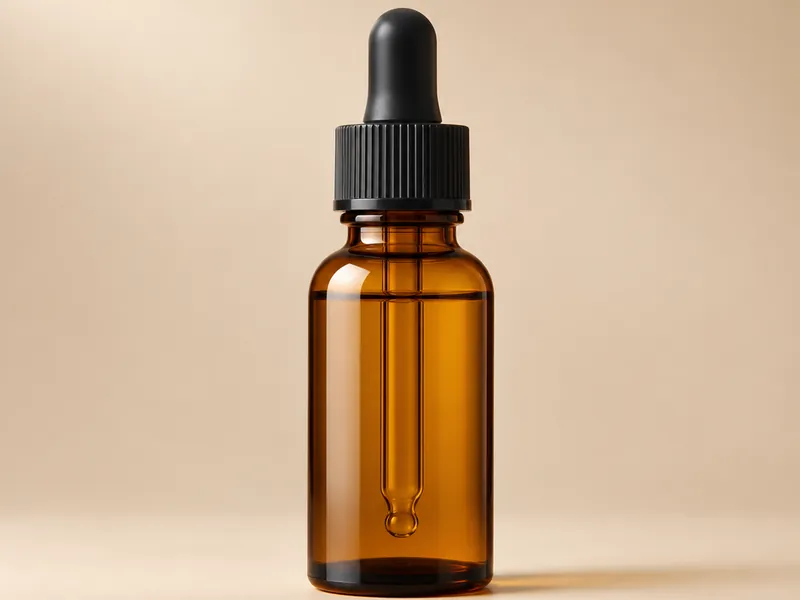 Amber glass dropper bottle on a warm studio backdrop