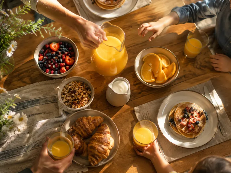 Overhead breakfast table shot with hands reaching for orange juice