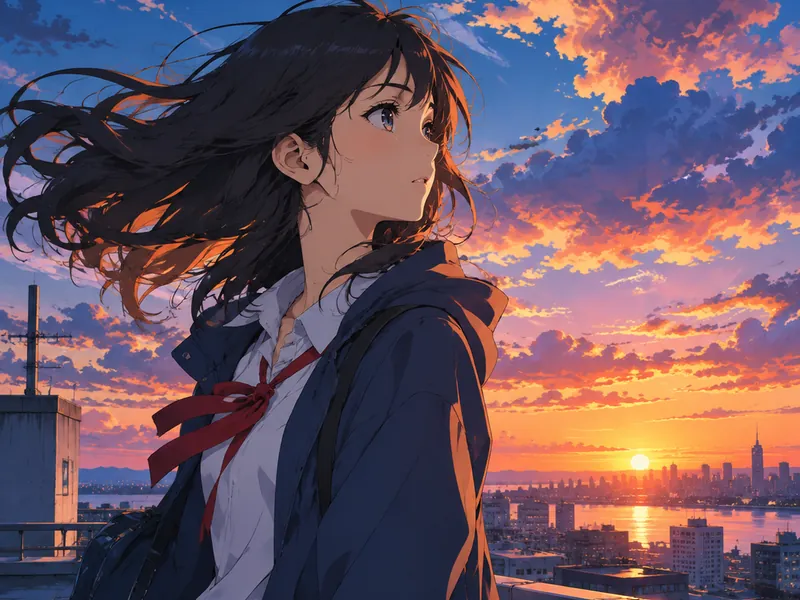 Anime key visual of a young woman on a rooftop at dusk
