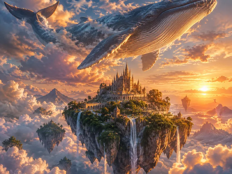 Floating island with a whale swimming through sunset clouds