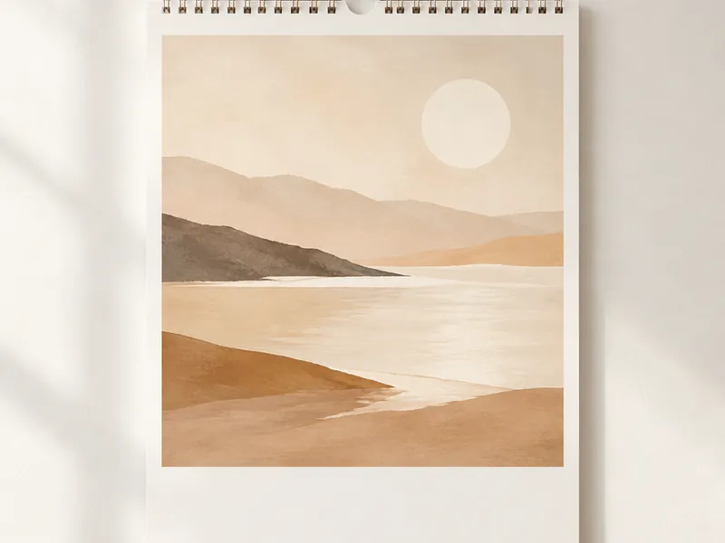 Wall calendar with a scenic photo above a blank grid