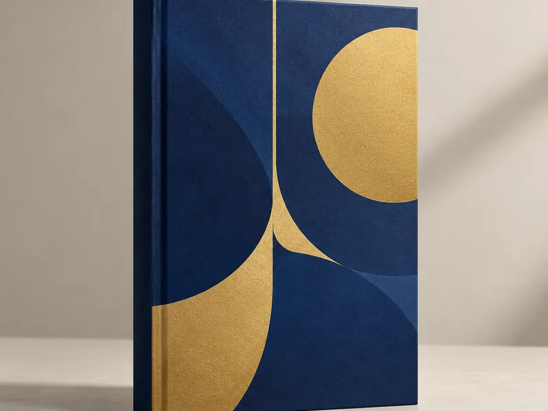 Stack of hardback books with a tablet showing a cover layout