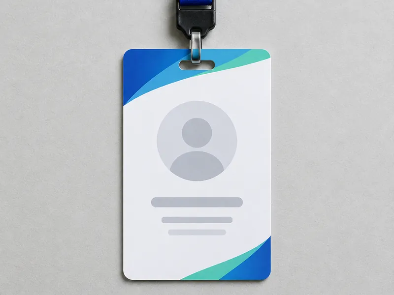 Lanyard badge hanging against a plain light background