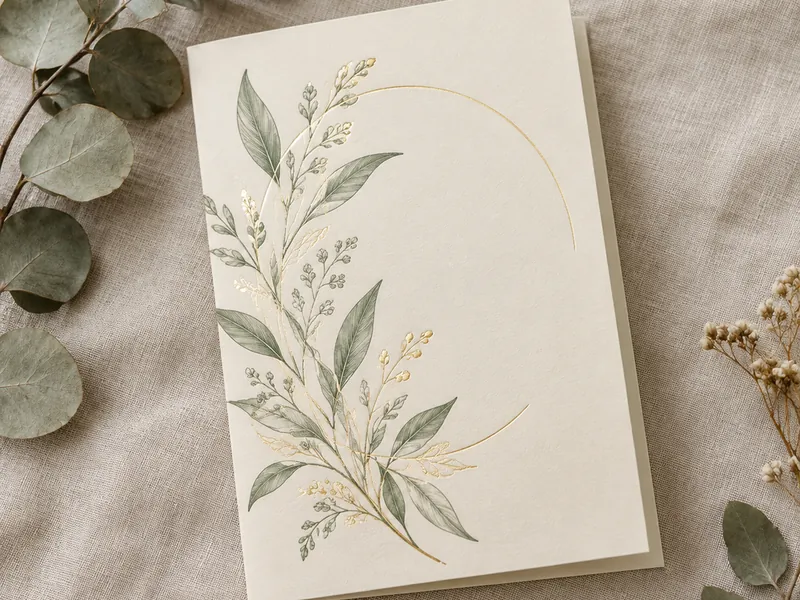 Elegant invitation card with florals on a soft linen surface