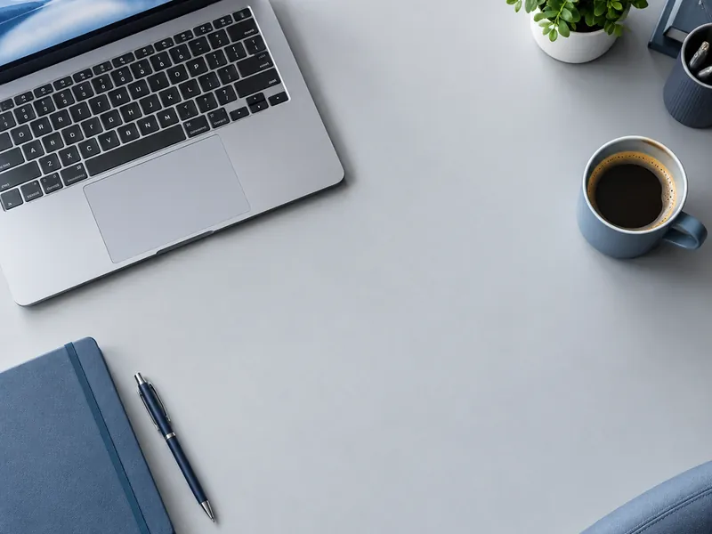 Tidy desk with a laptop and notebook in cool neutral tones