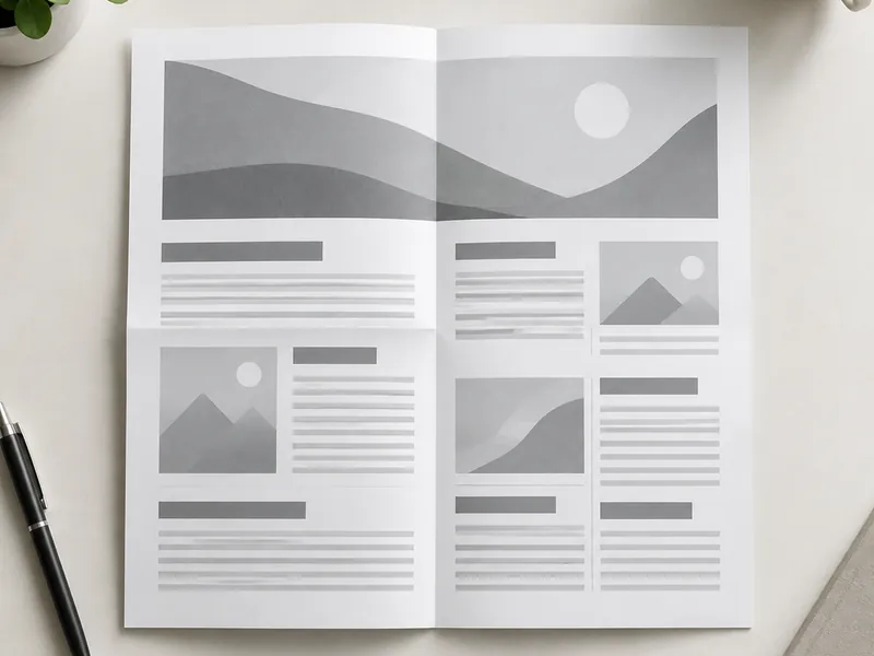 Printed newsletter spread with columns of grey placeholder blocks