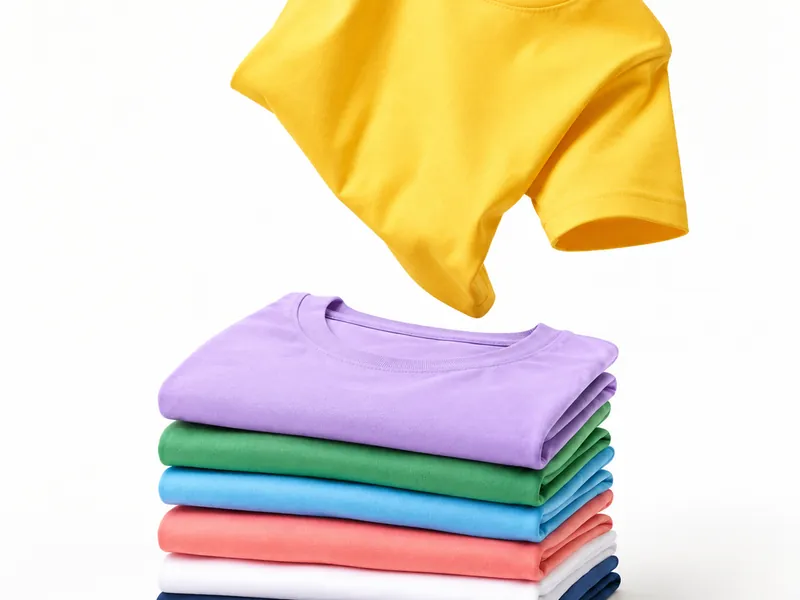 Stack of folded colourful t-shirts with one falling into frame