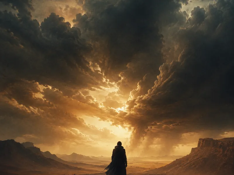 Silhouetted figure against a desert horizon under a stormy sky