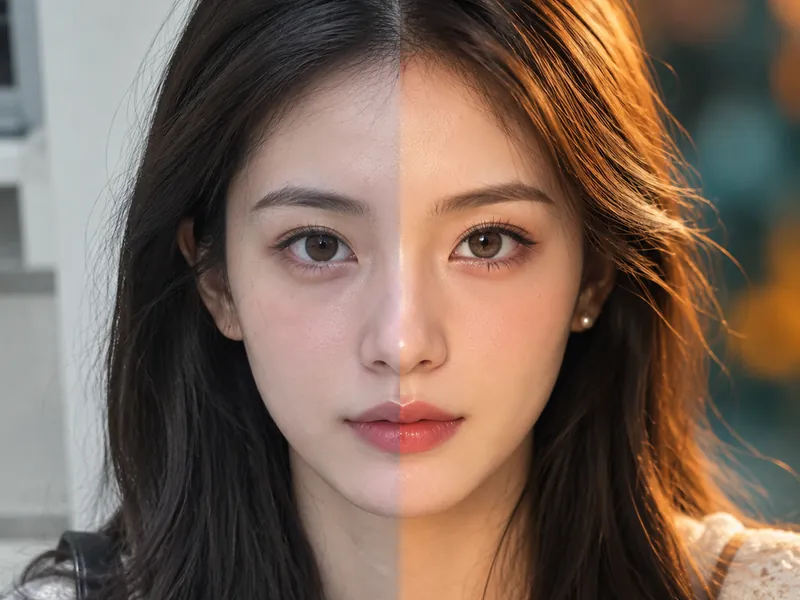 Portrait split between a flat snapshot and a cinematic colour grade
