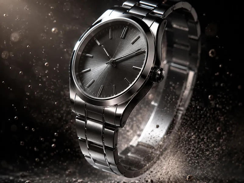 Stainless steel watch rotating on a dark reflective surface