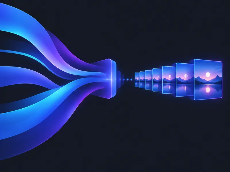 Glowing blue ribbons funnelling into a row of luminous video frames on black
