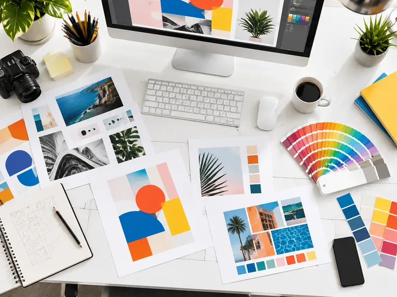 Agency studio desk with printed design proofs and a fan of colour swatch cards