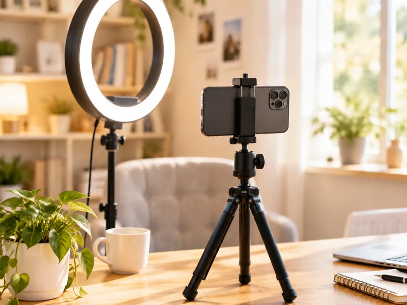 Home studio desk with a ring light and a phone on a tripod