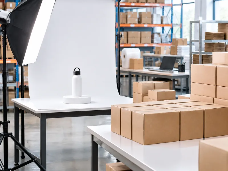 Rows of plain unbranded products beside a photo backdrop and softbox