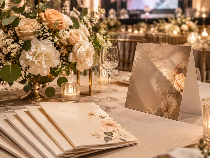 Event table set with printed programmes, a folded poster, and floral arrangements