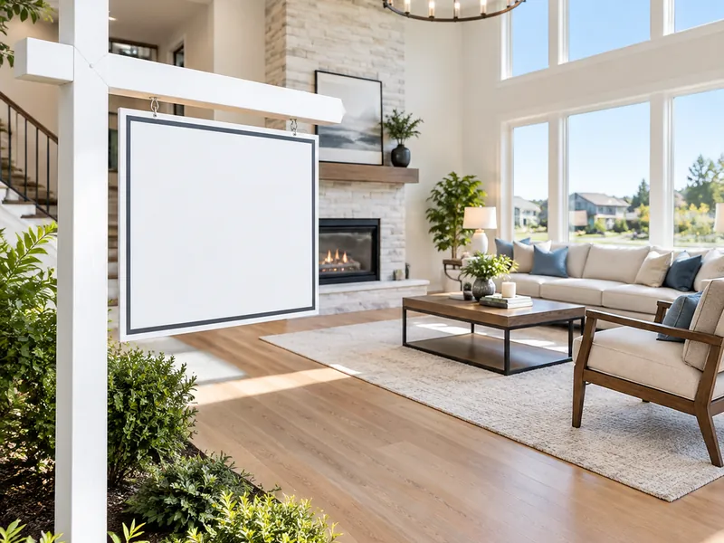 Bright living room with a blank for-sale sign frame in the foreground