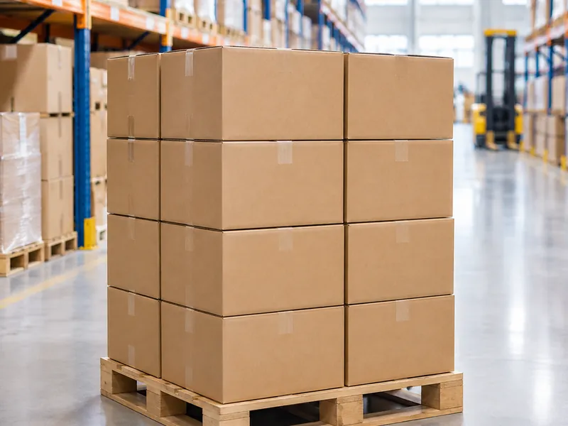 Stacked kraft cardboard boxes on a pallet in a bright warehouse