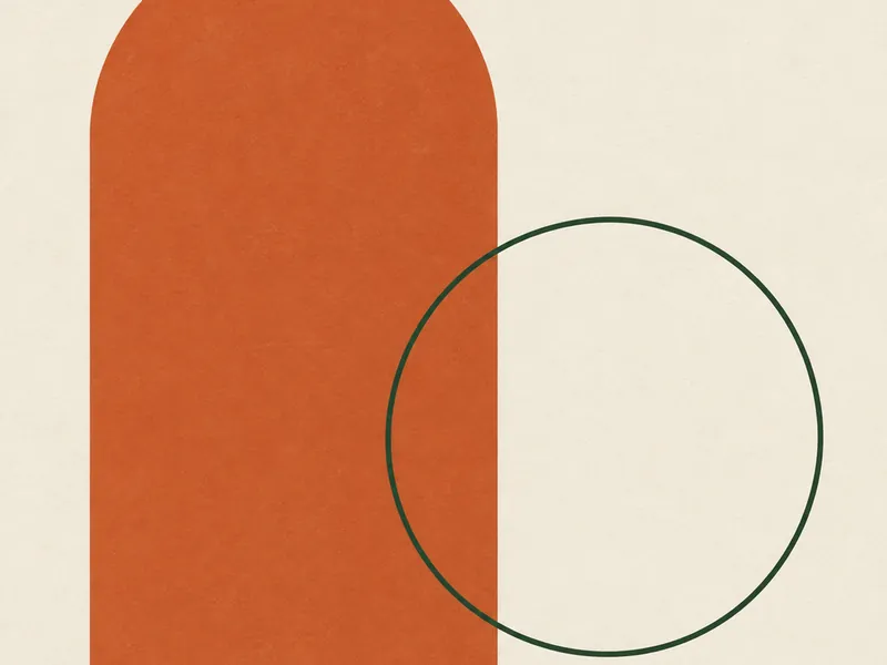 Minimalist event graphic with an arch and circle in terracotta and green