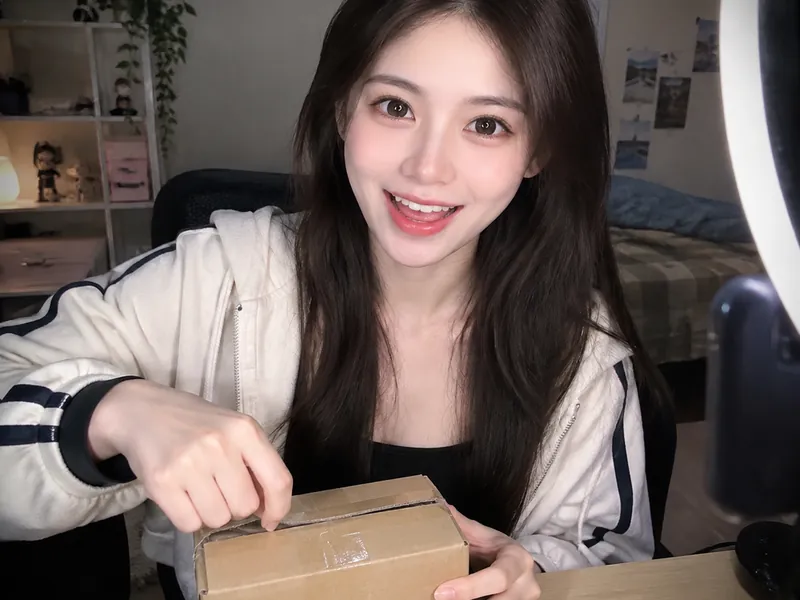 Vertical frame of a person unboxing a small parcel at a desk