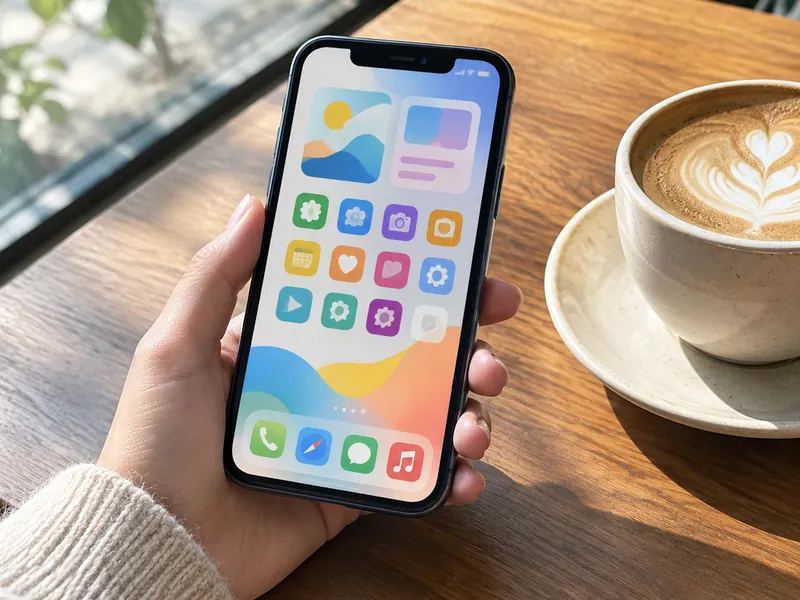 Hand holding a phone beside a coffee cup on a cafe table