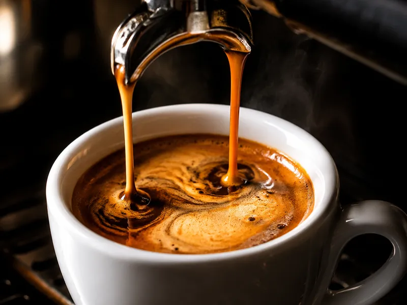 Macro shot of espresso pouring into a white cup