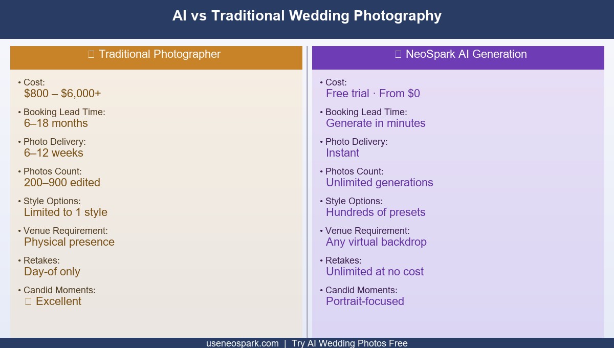 Comparison of traditional wedding photography versus AI-generated wedding portrait results