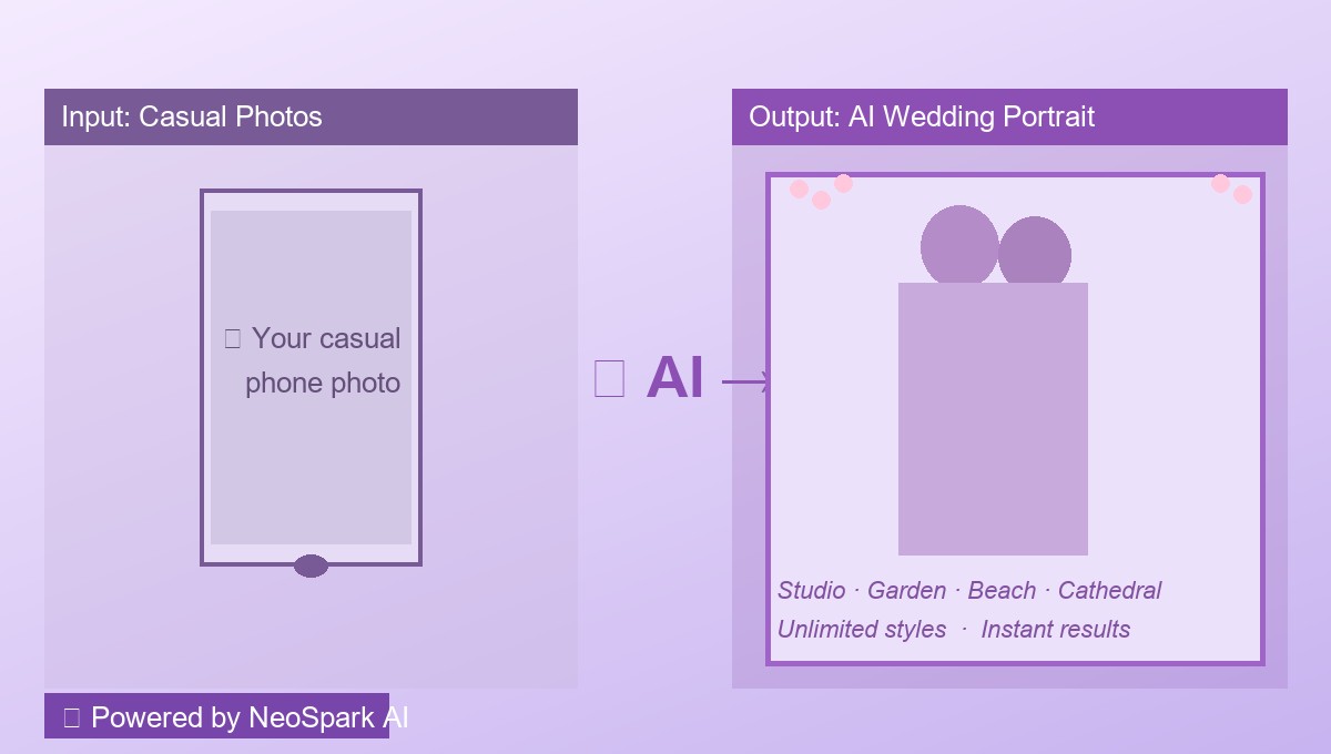 AI-generated wedding portrait created with NeoSpark showing romantic lighting and editorial composition