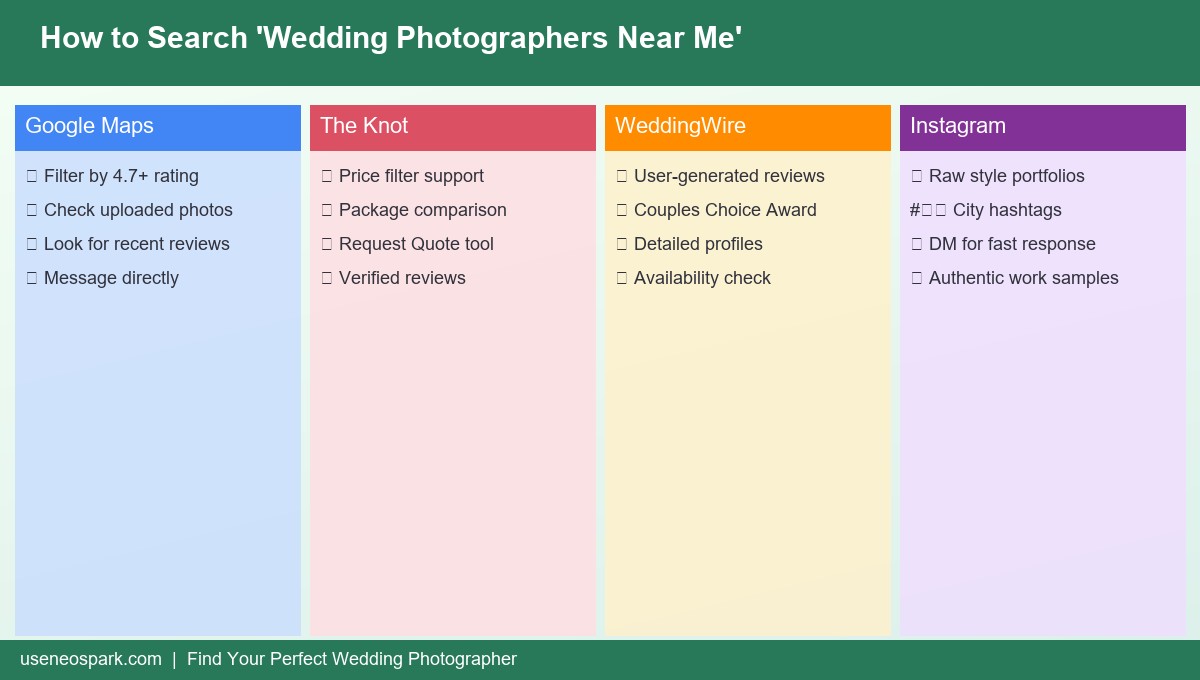 How to search for wedding photographers near you across Google, directories, and social media