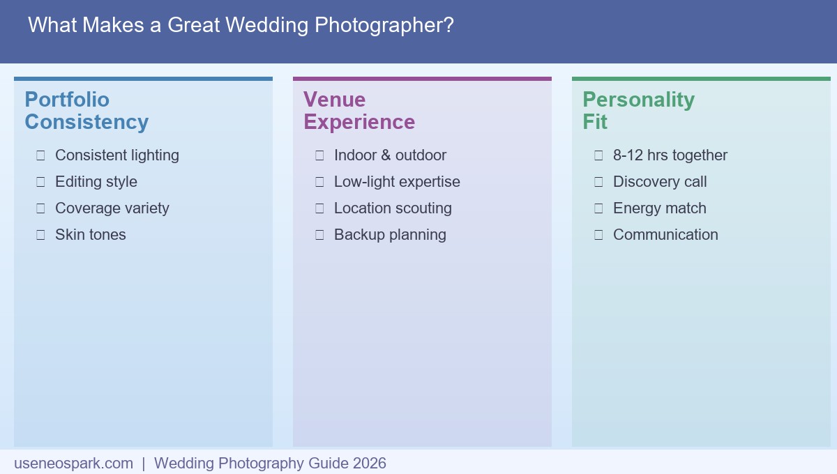 What makes a great wedding photographer: portfolio, experience, and personality