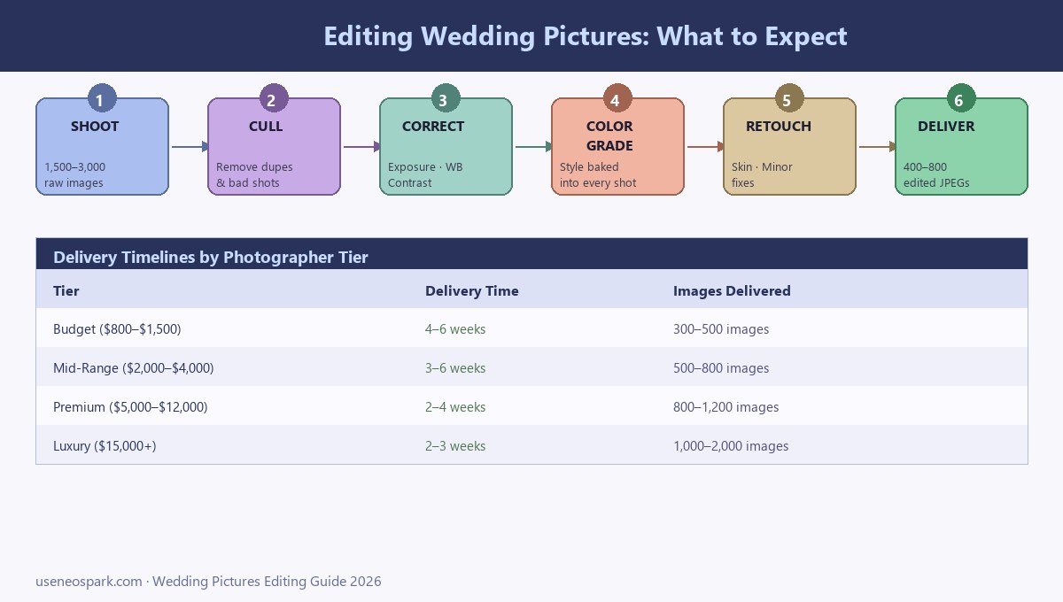 Wedding picture editing workflow - culling, color grading, retouching, delivery timeline